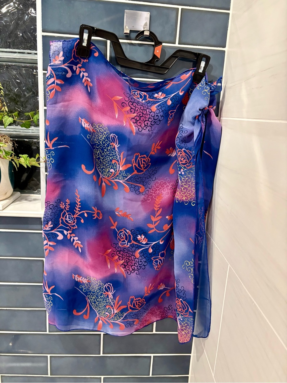 Blue Floral Sheer Swim Coverup Wrap with Pink Accents